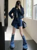 Vestido de dos piezas Adagirl Streetwear Blue Cowboy Tops Design Asimétrico Diseño Lace Up Mini Falda Autumn Tres Sets Womens Outfits 231007