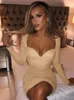 Basic Casual Dresses Hugcitar Long Sleeve Ruched Mini Dress For Women 2023 Summer Slim Elegant Party Clothes Club Outfits Birthday Evening 231009