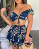 Work Dresses 2023 Women Two Piece Sets Summer Boho Floral Skirts Ladies Short Sleeve V Neck Crop Tops Blouse And Mini Skirt