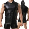 Camisetas sin mangas para hombres Hombres Sexy Fetish Faux Cuero con capucha Chaleco y Boxer Hombre Ropa interior negra Ropa interior erótica Lencería Clubwear259j