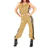 Women's Two Piece Pants Vinyl PVC Long Sleeve Elastic Cuff Tank Set Wet Look Hip Hop Dance Costume Suit Fashion Outfits For Men And Women