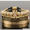 4 pièces ensemble or Hip Hop fait à la main Bracelet de perles hommes cuivre pavé Cz Zircon couronne chiffre romain Bracelets Bracelets bijoux Bxyni272W