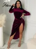 Work Dresses Joskaa Solid Velvet Long Sleeve Turtleneck Zipper Bodysuits Irregular High Split Knot Skirt Matching Winter 2023 Sexy