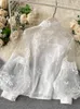 Kadınlar bluzlar vintage örgü dantel üst stand yaka işlemeli puflu kılıf ince gömlek tatlı kore şık gelgit yaz 2023