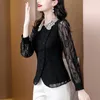 Women's T Shirts 2023 Summer Black Lace Spliced Short Sleeve Top Waist Polo Neck Shirt Korean Edition Covering Belly Slim T-shirt