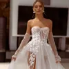 Charmoso Ilsuion Coxa Alta Divisão Vestidos de Casamento Querida 3D Apliques Vestido de Noiva com Manga Destacável Glitter robe de mariage