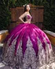 Quinceanera Mexican Dresses Ball Gown 2024 Fuchsia Beaded Goldアプリケーションスウィート16ドレスレースアップベスティドスDE 15 ANOS