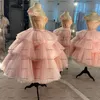 Party Dresses Pink Tea Length Tutu Clound Prom Off The Shoulder Beaded Boning Lace-up Corset Top Princess Arabic Evening Dress Wea210S