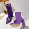 Stiefel Runway Style Glitzer Strass Damen Knöchelsocken Kristall Schleife Stretch Stoff Damen High Heel Party Prom Schuhe 231009