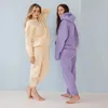 Mulheres Duas Peças Calças Primavera Mulheres Algodão Tracksuits Peças Conjuntos Lavanda Hoodies Moletom Sólido Espessamento Cashmere Ternos Femininos 231007