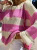 Mulheres suéteres outono inverno camisola moda listra oneck manga longa pulôver topo casual solto harem coreano feminino moletom 231009