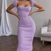 Liooil seksowna dzianina gorsetowa sukienka kobiet szata krótkie rękawa kwadratowa szyja fioletowa zielona żebrowana bodycon sukienki midi letnie vestidos 220601206f