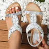 Sandaler Ladies Wedge Bohemian Style Round Toe Rhinestone Heeled Bridal Wedding Open Elastic Strap Comfy Sandalias