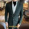 Men's Suits High Quality Belt Buckle Checked Blazer Men Luxury Elegant Homme Wedding Business Dress Social Banquet Plaid Jacket