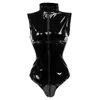 Combinaisons pour femmes barboteuses noir entrejambe fermeture éclair sans manches sexy spandex body cuir latex catsuit PVC combinaison femmes sho250n