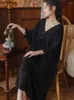 Mulheres sleepwear nightgowns mulheres preto elegante baggy casual estética arco design outono feminino v-pescoço harajuku lounge