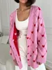 Damskie dzianiny różowy szerokości groźnej kardigan z sercami drukuj miękki miękki dzianinowy kurtka w stylu nutka zimowa guzik dla kobiet