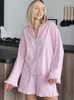 Vêtements de nuit pour femmes Linad vêtements de maison amples 2 pièces ensembles rose à volants à manches longues femmes costumes décontractés avec short pyjama d'été