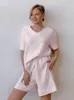 Mulheres sleepwear hiloc rosa manga curta algodão com decote em v noite wear para mulheres cintura alta conjuntos feminino 2023 outono casual