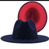 Simple Navy with red Bottom Patchwork Panama Wool Felt Jazz Fedora Hats Women Men Wide Brim Party Cowboy Trilby Gambler Hat233b