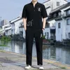 Men's Tracksuits Linen Embroidery Hanfu Sets Chinese Style Suit Male Traditional Tang Kung Fu Taichi Top Pants Summer Men Cotton 231009