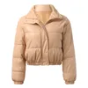 Trenchs Femmes Manteaux Femmes Hiver Épais Court Parkas Mode Solide À Manches Longues En Cuir PU Coton Manteau Col Montant Chaud Pain Veste À Glissière