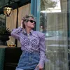 女性用ブラウスフェアリー3Dフローラルパッチワーク格子縞のシャツオートムヴィンテージ長袖ラペルボタン女性フランスのファッションオフィスレディストリート