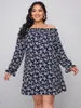 Robe grande taille, col Slash, imprimé Floral, tenue décontractée, manches longues à volants, épaules dénudées, tunique bleue, grande taille 6XL, printemps été