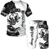 Herrspårar Summer Men's Animal Tattoo White Short Sleeve T-shirt Lejonet 3D Tryckt O-Neck Tees Shorts Suit Casual Sportwear Tracksuit Set 231009