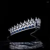 Hårklipp överdimensionerade Royal Blue Zircon Brides Crowns Tiaras Sparkling Crystal Headpieces Bröllopstillbehör Prom smycken gåva