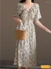 Partykleider Koreanisches schickes Kleid Elegantes Temperament 2023 Blumendruck Urlaub V-Ausschnitt A-Linie Schnürfliege Retro Vintage lang