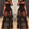 Robes décontractées Noir Sexy Voir à travers Sheer Mesh Maxi Robe Femmes Sans manches Spaghetti Strap Long Ruffle Party Club Wear1281A