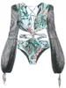 Women's Swimwear 2023 Retro Printed Lantern Sleeve Bikini Sexy One-Piece Plaid Lace Backless Wetsuit Deep V Hollow