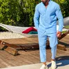 Fatos masculinos manga longa gola cardigan camisa e calças conjunto algodão casual streetwear primavera verão 2 pçs