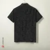 Herr t-skjortor kinesisk stil bomullslinne retro jacquard t-shirt stand-up krage kortärmad plattknapp