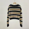 Women's Knits Women Cashmere Short Type Sweater Jacket Stripes Color Patchwork Turn-down Collar Long Sleeve Zipper Female Cardigan 2023 Fall