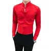 Camisa vermelha casual masculina de manga comprida, camisa social simples com decote em v, slim fit, gola alta, smoking para homens, 180l
