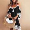 Casual Dresses Ladies Summer Skirt Halter Neck Fringed Off-shoulder Dress Solid Color Sun 2021 Fashion Plus Size Women's Clot217Q