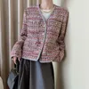 Damenjacken Vintage Mischfarbe Tweedjacke V-Ausschnitt Metallknopf Langarm Top Koreanische elegante Freizeitmäntel 2023 Herbst Winterkleidung