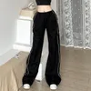 Calças femininas e estilo rua cintura alta preta casual picante menina listrada solta cordão leggings