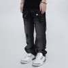 Мужские джинсы High Street со складками и вышивкой, мужская уличная одежда, свободные джинсовые брюки в стиле ретро, прямые хип-хоп