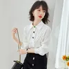 Damesblouses Trendy kralen gesplitst lange mouwen revers knop wit overhemd dames tops lente herfst elegant chic los casual dame blouse