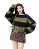 Autumn New Women's Slash Neck Sticked Mohair Wool Patched Stripe Pattern tröja toppar korta hoppare