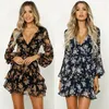 Robes décontractées Femmes Boho Floral Mousseline de soie à manches longues Wrap Summer Party Soirée Col V Plage Courte Mini Robe Sundress S-XL Femelle2138