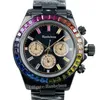 Clean Factory Rolaxs Dayton Orologio 4130 Movimento al quarzo Zaffiro Giorno Data Vetro meccanico Arcobaleno Diamante Nero 40 mm Orologio da polso da lavoro da tavolo