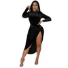 Work Dresses Joskaa Solid Velvet Long Sleeve Turtleneck Zipper Bodysuits Irregular High Split Knot Skirt Matching Winter 2023 Sexy