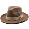 Wide Brim Hats Bucket Hats Feather band Wool Felt Jazz Fedora Hat Women Unisex Wide Brim Panama Party Trilby Cowboy Cap Men Gentleman Wedding Hat 231009