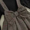 Clothing Sets FOCUSNORM 1-7Y Fashion Autumn Kids Girls Clothes Ribbed Long Flare Sleeve Pullover Top Plaid Printed Bow Suspender Skirts