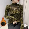 Women's T Shirts Fall Winter Clothes Double Cashmere T-Shirt Chic Sexy Print Patchwork Beads Tops Long Sleeve With Fleece Elastic Tees 1044