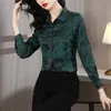 Moda vintage jacquard verde blusas de manga longa feminina designer camisa de cetim de seda 2023 escritório senhora outono inverno clássico lapela casual botão até camisa tops de pista